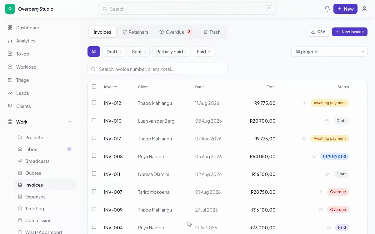 The CoPortal invoice ledger being filtered down to overdue invoices