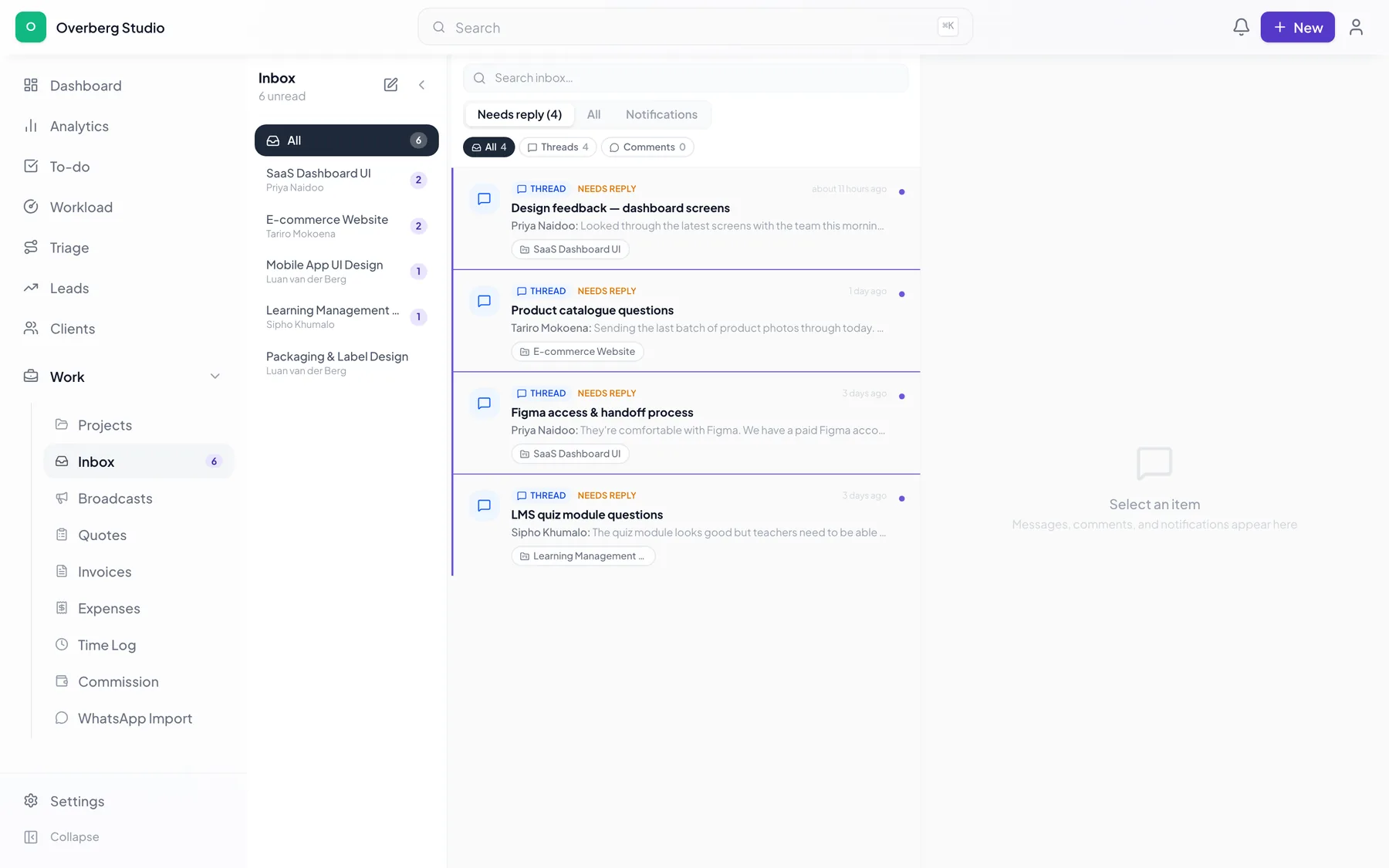 The CoPortal inbox showing client message threads per project