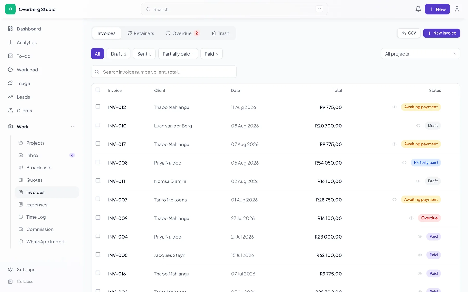 The CoPortal invoice ledger showing overdue, awaiting payment, partially paid, draft and paid invoices