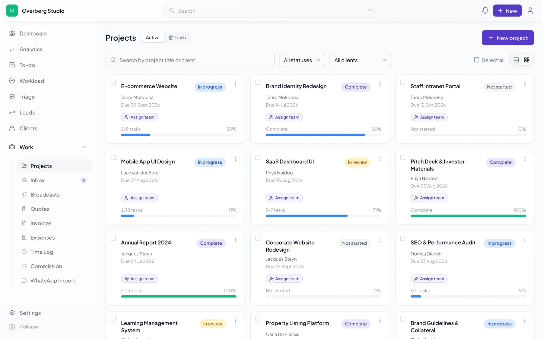 Project cards in CoPortal showing status, client, due date and task progress